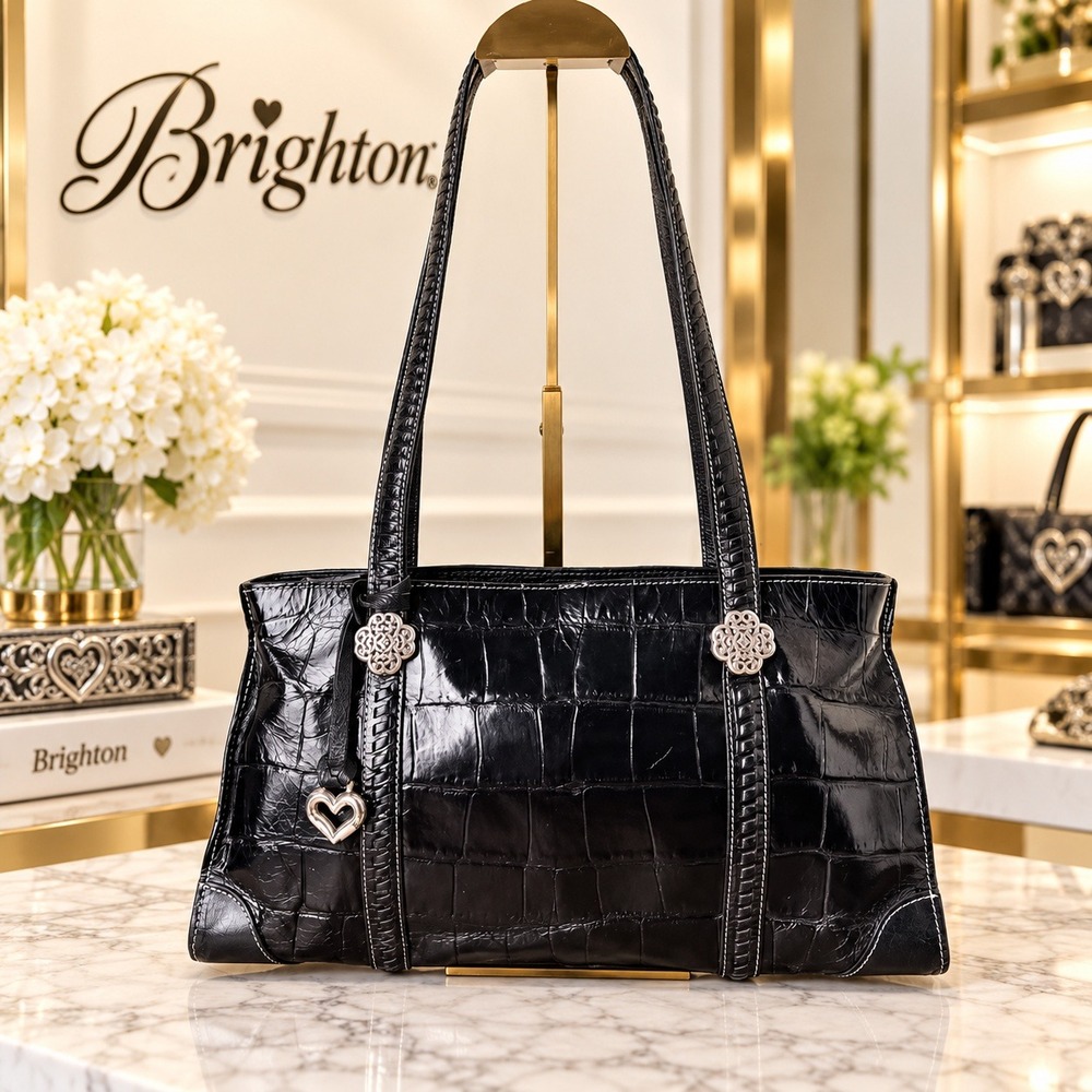 Brighton Vintage Black Croc Embossed Leather Shoulder Bag Heart Charm